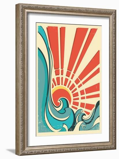 Sea Waves.Vintage Illustration Of Nature Poster With Yellow Sun On Old Paper Texture-GeraKTV-Framed Art Print