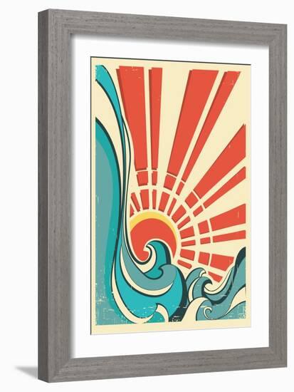 Sea Waves.Vintage Illustration Of Nature Poster With Yellow Sun On Old Paper Texture-GeraKTV-Framed Art Print