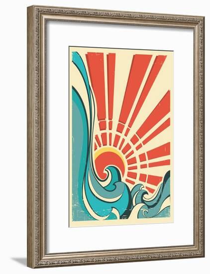 Sea Waves.Vintage Illustration Of Nature Poster With Yellow Sun On Old Paper Texture-GeraKTV-Framed Art Print