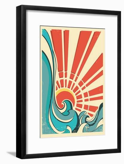 Sea Waves.Vintage Illustration Of Nature Poster With Yellow Sun On Old Paper Texture-GeraKTV-Framed Art Print