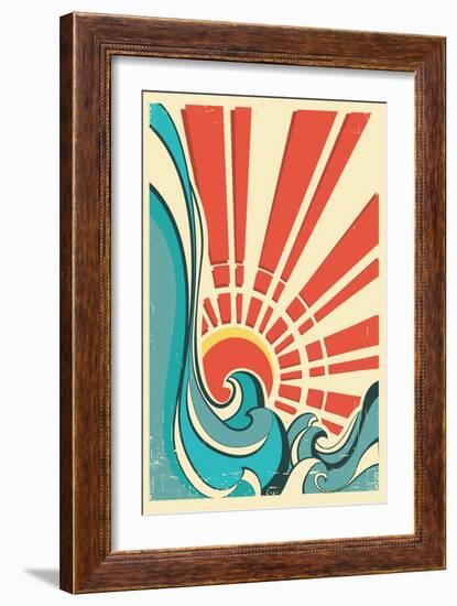 Sea Waves.Vintage Illustration Of Nature Poster With Yellow Sun On Old Paper Texture-GeraKTV-Framed Art Print