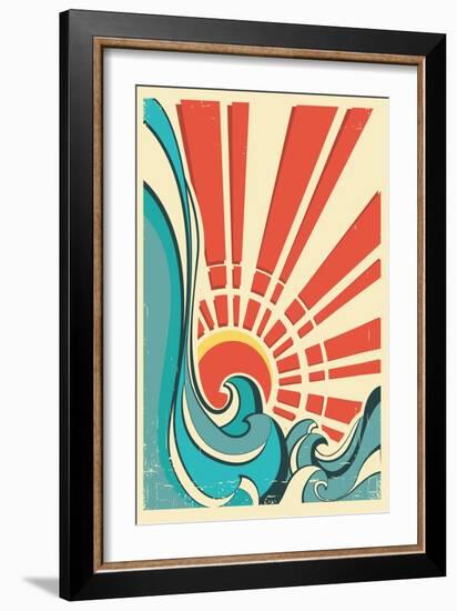 Sea Waves.Vintage Illustration Of Nature Poster With Yellow Sun On Old Paper Texture-GeraKTV-Framed Art Print