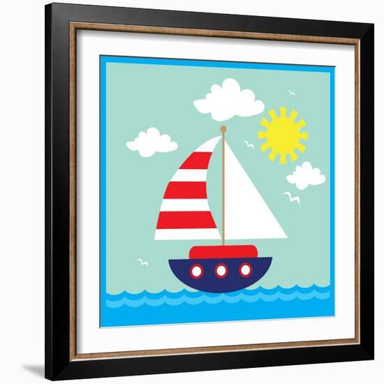 Sea,Yacht,Landscape,Vector,Cartoon,Illustration-Svetlana Peskin-Framed Art Print