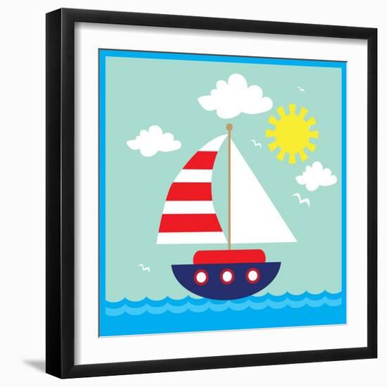 Sea,Yacht,Landscape,Vector,Cartoon,Illustration-Svetlana Peskin-Framed Art Print