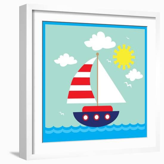 Sea,Yacht,Landscape,Vector,Cartoon,Illustration-Svetlana Peskin-Framed Art Print