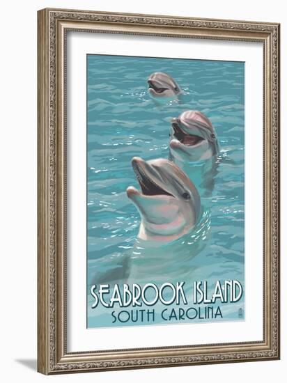 Seabrook Island, South Carolina - Dolphins-Lantern Press-Framed Art Print