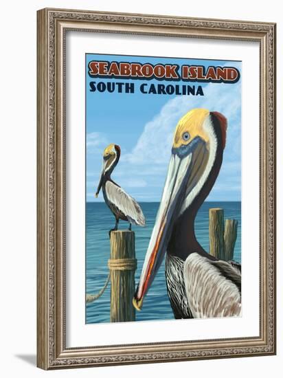 Seabrook Island, South Carolina - Pelicans-Lantern Press-Framed Art Print