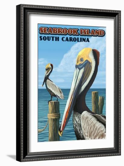 Seabrook Island, South Carolina - Pelicans-Lantern Press-Framed Art Print