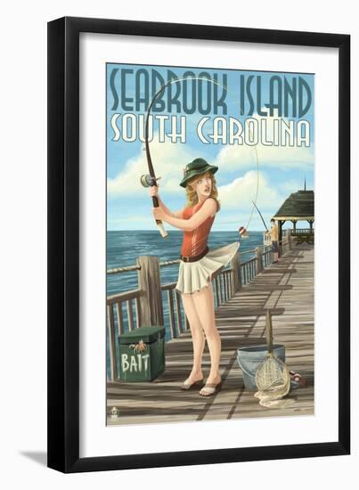 Seabrook Island, South Carolina - Pinup Girl Fishing-Lantern Press-Framed Art Print