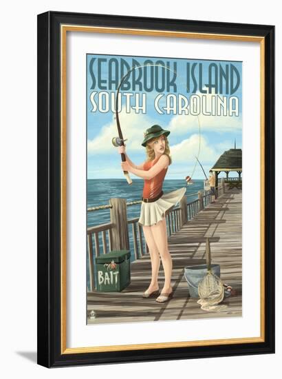 Seabrook Island, South Carolina - Pinup Girl Fishing-Lantern Press-Framed Art Print