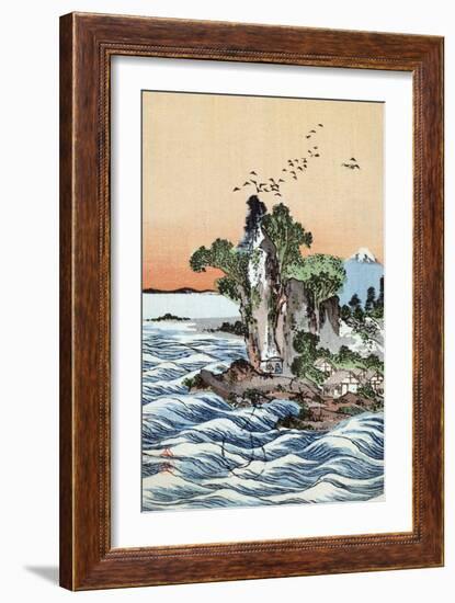 Seacoast Village Shichirigahama with View of Mount Fuji, Japanese Wood-Cut Print-Lantern Press-Framed Art Print