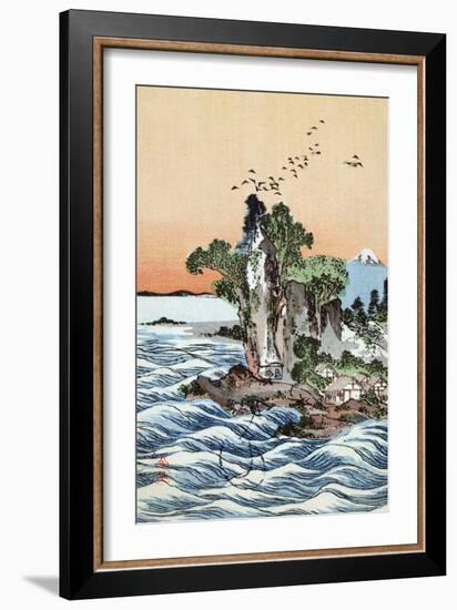 Seacoast Village Shichirigahama with View of Mount Fuji, Japanese Wood-Cut Print-Lantern Press-Framed Art Print