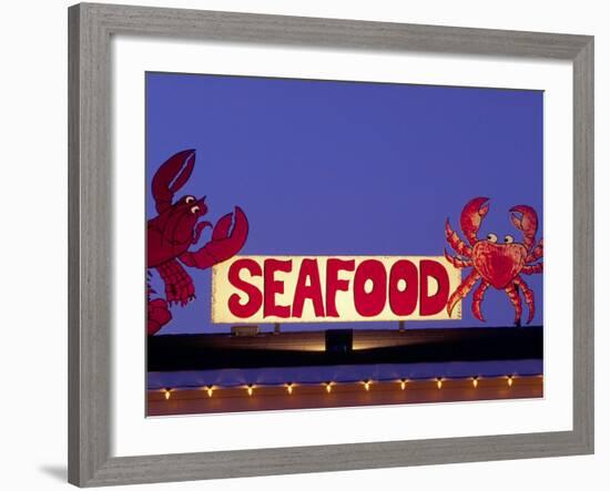 Seafood Sign at Night, Cape Breton, Nova Scotia, Canada-Walter Bibikow-Framed Photographic Print