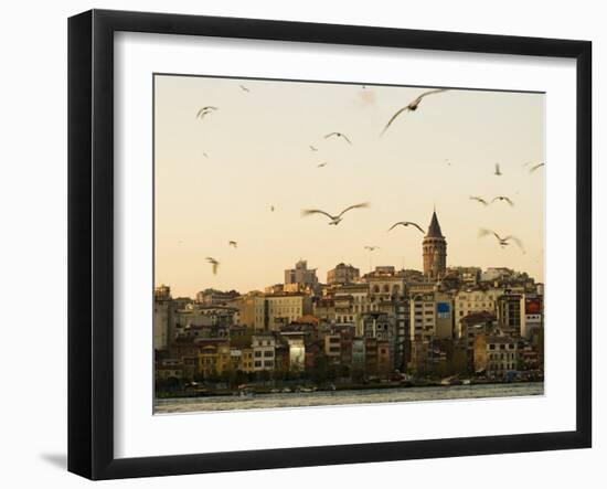 Seagulls Flock Above the Golden Horn, Istanbul, with the Galata Tower in the Background-Julian Love-Framed Photographic Print