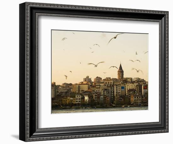 Seagulls Flock Above the Golden Horn, Istanbul, with the Galata Tower in the Background-Julian Love-Framed Photographic Print