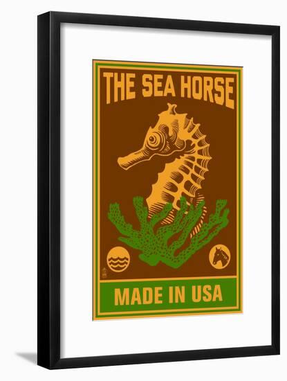 Seahorse Woodblock (Red and Green)-Lantern Press-Framed Art Print