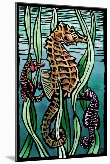 Seahorses - Scratchboard-Lantern Press-Mounted Art Print