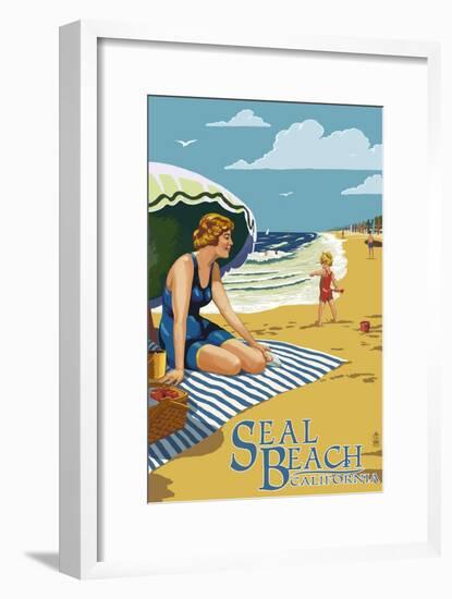 Seal Beach, California - Woman on the Beach-Lantern Press-Framed Art Print