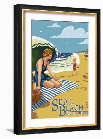 Seal Beach, California - Woman on the Beach-Lantern Press-Framed Art Print