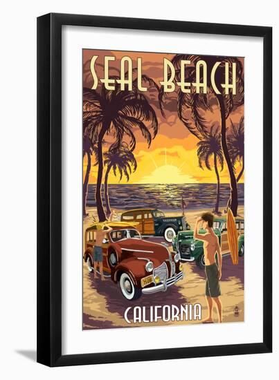 Seal Beach, California - Woodies and Sunset-Lantern Press-Framed Art Print