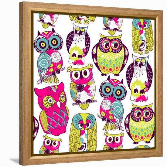 Seamless and Colourful Owl Pattern.-Alisa Foytik-Framed Stretched Canvas