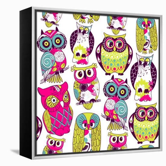 Seamless and Colourful Owl Pattern.-Alisa Foytik-Framed Stretched Canvas