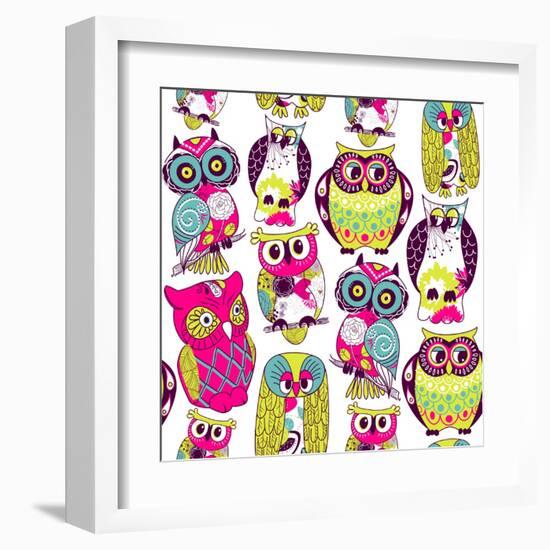 Seamless and Colourful Owl Pattern.-Alisa Foytik-Framed Art Print