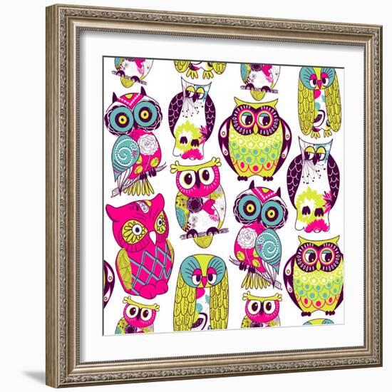 Seamless and Colourful Owl Pattern.-Alisa Foytik-Framed Art Print