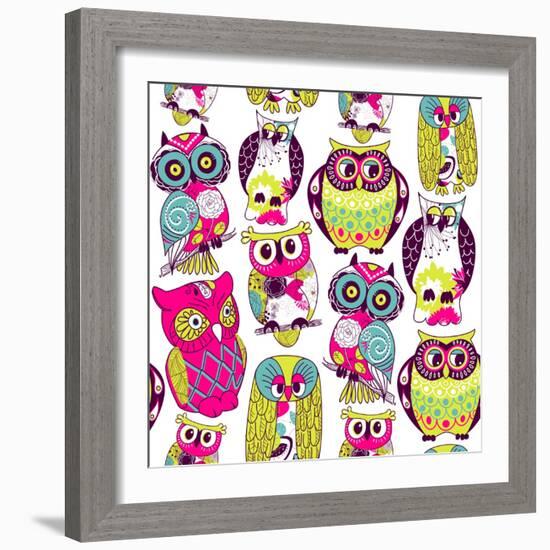 Seamless and Colourful Owl Pattern.-Alisa Foytik-Framed Art Print