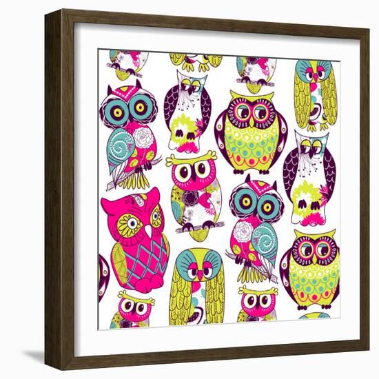 Seamless and Colourful Owl Pattern.-Alisa Foytik-Framed Art Print