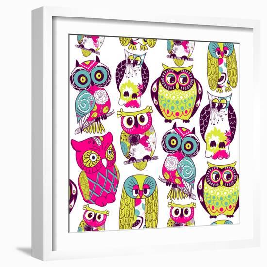 Seamless and Colourful Owl Pattern.-Alisa Foytik-Framed Art Print