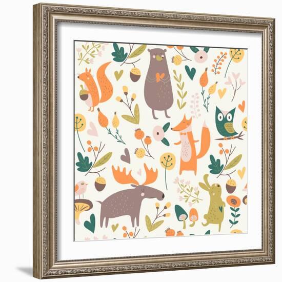 Seamless Autumn Forest Background with Cute Bear, Hare, Squirrel, Elk, Owl, Fox, Flowers, Mushrooms-Kaliaha Volha-Framed Art Print