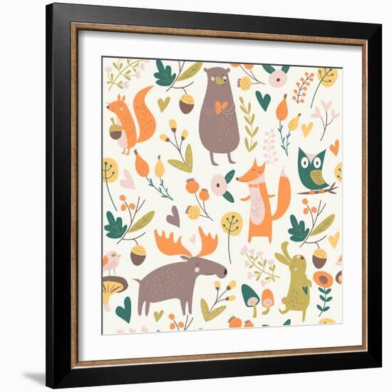 Seamless Autumn Forest Background with Cute Bear, Hare, Squirrel, Elk, Owl, Fox, Flowers, Mushrooms-Kaliaha Volha-Framed Art Print