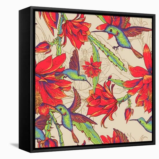 Seamless Background Flowers and Hummingbirds-Varvara Kurakina-Framed Stretched Canvas