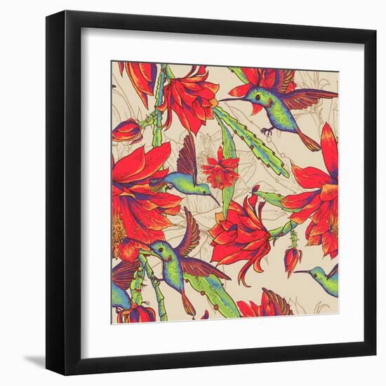Seamless Background Flowers and Hummingbirds-Varvara Kurakina-Framed Art Print