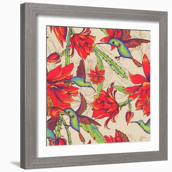 Seamless Background Flowers and Hummingbirds-Varvara Kurakina-Framed Art Print