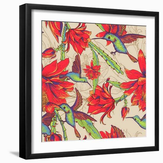 Seamless Background Flowers and Hummingbirds-Varvara Kurakina-Framed Art Print