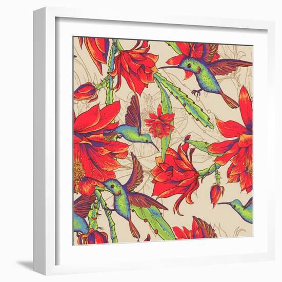 Seamless Background Flowers and Hummingbirds-Varvara Kurakina-Framed Art Print