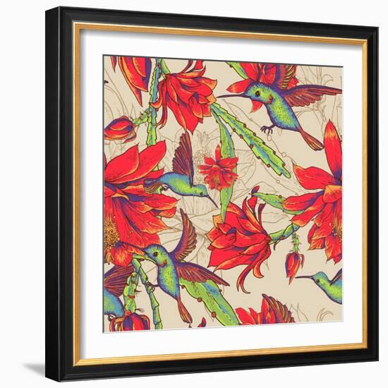 Seamless Background Flowers and Hummingbirds-Varvara Kurakina-Framed Art Print