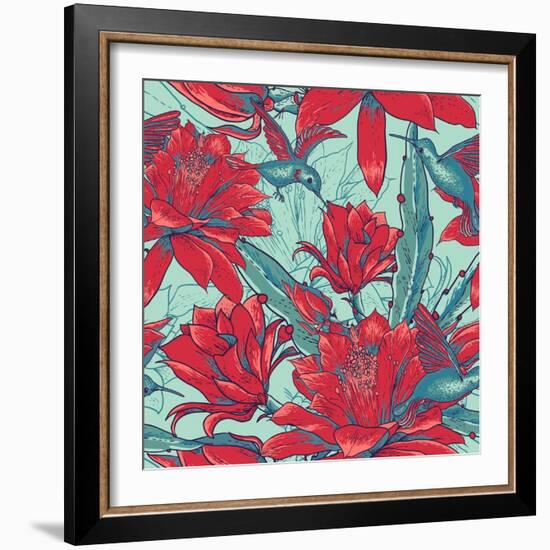 Seamless Background Flowers and Hummingbirds-Varvara Kurakina-Framed Art Print