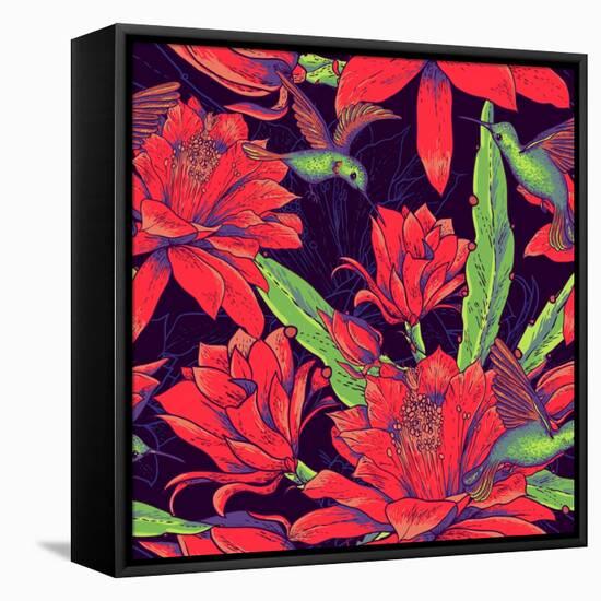 Seamless Background Flowers and Hummingbirds-Varvara Kurakina-Framed Stretched Canvas