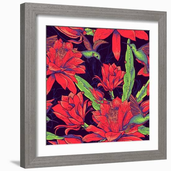 Seamless Background Flowers and Hummingbirds-Varvara Kurakina-Framed Art Print