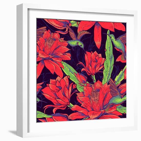 Seamless Background Flowers and Hummingbirds-Varvara Kurakina-Framed Art Print