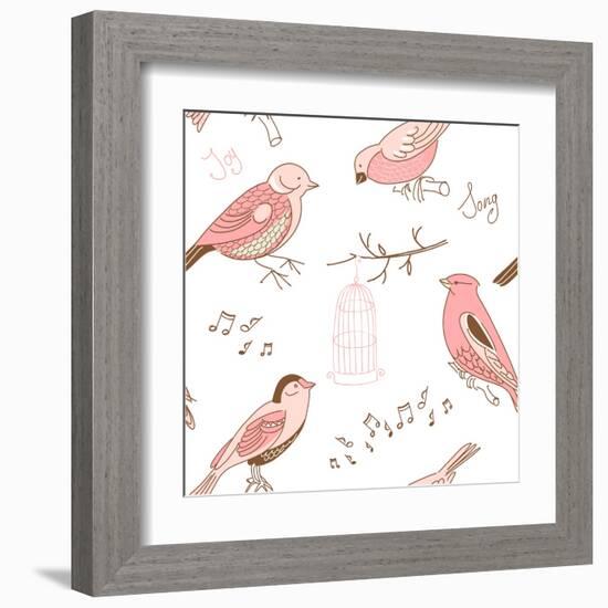 Seamless Background Made of Cute Hand-Drawn Bird Doodles-Alisa Foytik-Framed Art Print