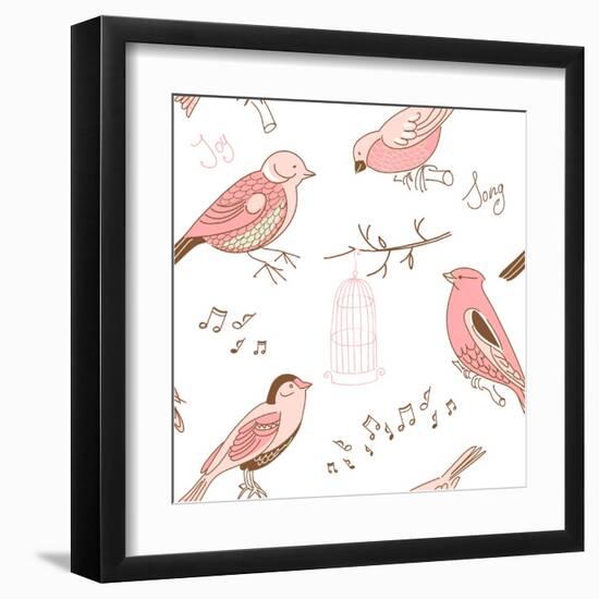 Seamless Background Made of Cute Hand-Drawn Bird Doodles-Alisa Foytik-Framed Art Print