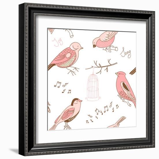 Seamless Background Made of Cute Hand-Drawn Bird Doodles-Alisa Foytik-Framed Art Print