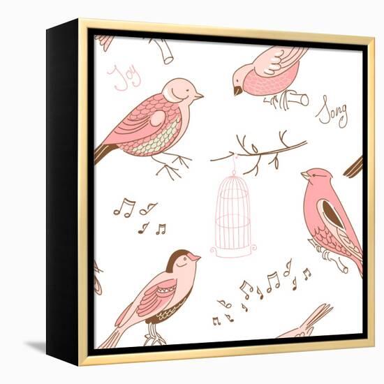 Seamless Background Made of Cute Hand-Drawn Bird Doodles-Alisa Foytik-Framed Stretched Canvas