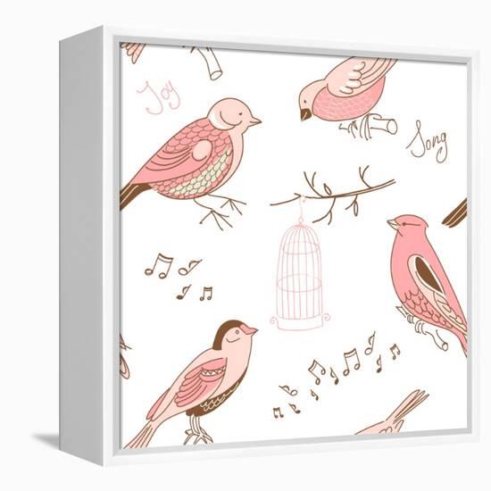 Seamless Background Made of Cute Hand-Drawn Bird Doodles-Alisa Foytik-Framed Stretched Canvas