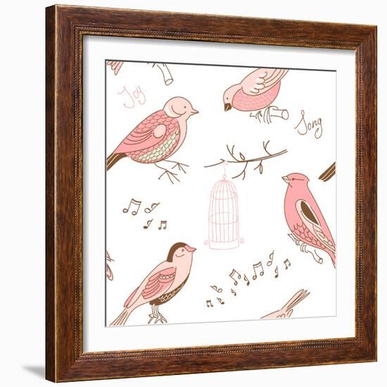 Seamless Background Made of Cute Hand-Drawn Bird Doodles-Alisa Foytik-Framed Art Print