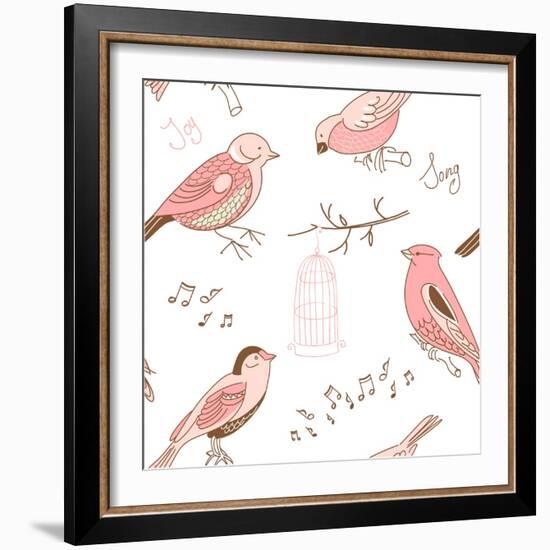 Seamless Background Made of Cute Hand-Drawn Bird Doodles-Alisa Foytik-Framed Art Print